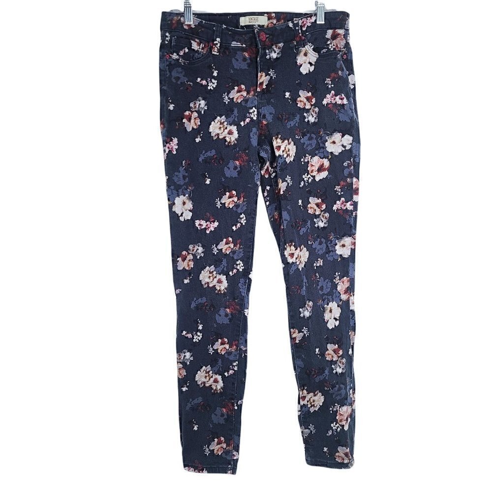 Vintage America Blues Floral Black Boho Skinny Ankle Crop Worn in Look Jeans